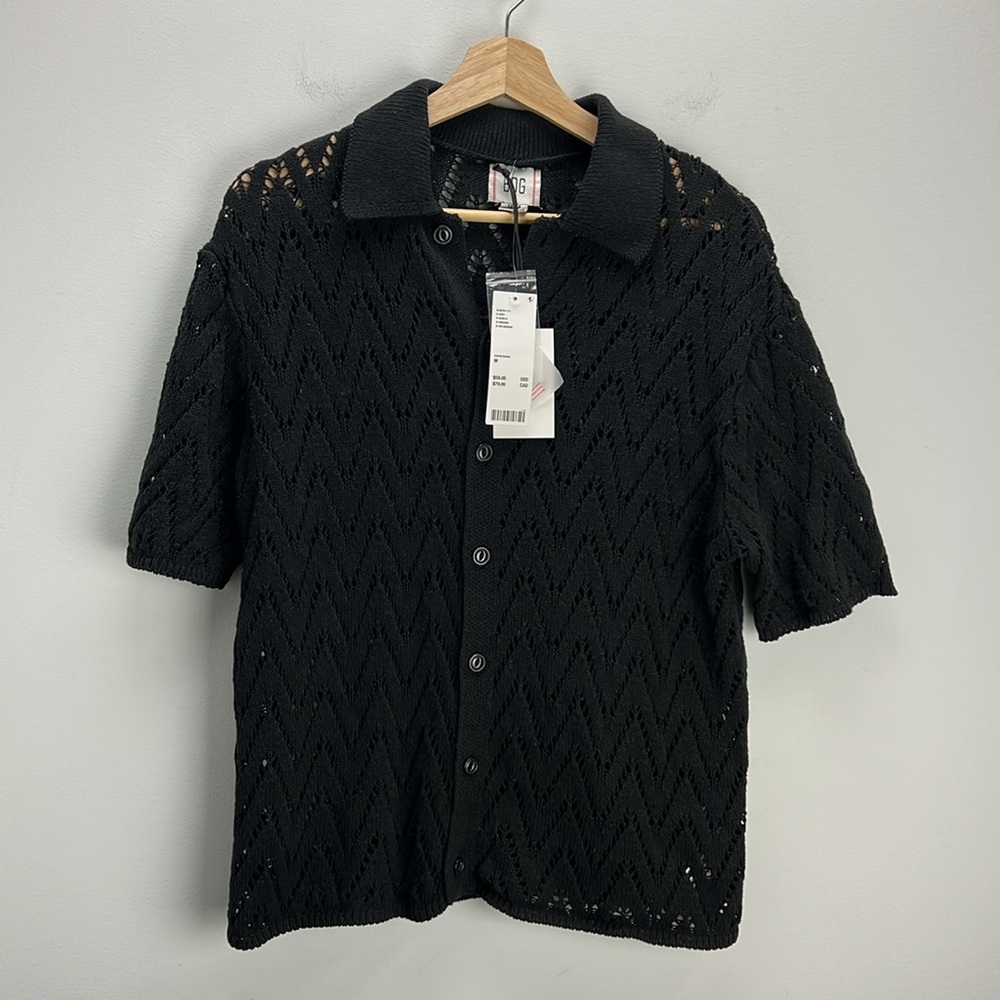Urban Outfitters BDG Black Open Knit Oxford Top Crochet Button Down Mens Medium